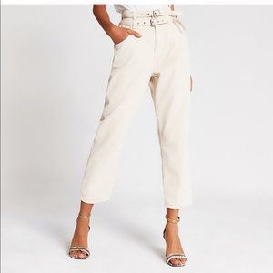 High waist Cream corduroy tapered belted trousers